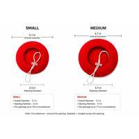 Le Beret Rouge dog beret size chart: Small 5.1 in overall diameter, Medium 6.7 in, both with adjustable elastic cord